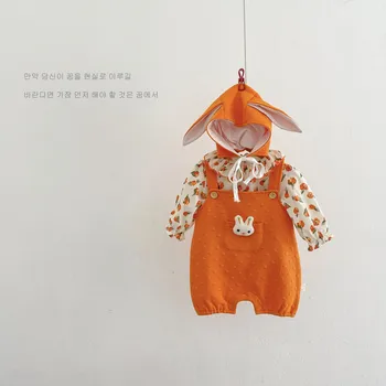 Kore Bebek Sonbahar Yeni Uygun Tavşan Çiçek 0-1 Bebek Romper Kore Sürüm Sevimli Tavşan Kulak Şapka Çanta Osuruk