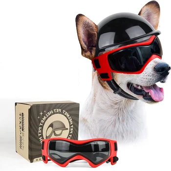 Köpek Güneş Gözlüğü Pet Kask Seti Köpek Gözlük, Toz Rüzgar UV Koruma Köpek Gözlük Köpek Kask ve Gözlük Köpek Motosiklet Kask