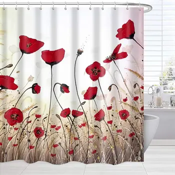 Kırmızı Haşhaş Çiçek Duş Perdesi Suluboya Bitkiler Çiçekler Yapraklar Duş banyo perdeleri Dekor Seti Yıkanabilir banyo perdesi