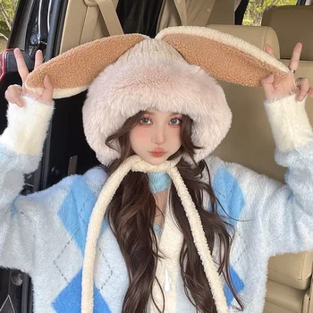 Kış Sevimli Kore Ins Tavşan Kulaklar Peluş Sıcak Rüzgar Geçirmez Kış Kulaklığı Şapka Kalınlaşmış Moda Kadın Kawaii Şapka Örme Bağlama Kayışı Kap