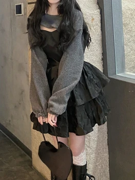 Lolita Kawaii Tek Parça Elbise Kore Moda Vintage 2022 Yaz Siyah Gotik Kısa Parti Elbise Kadın İnce Kayış Y2k Mini Elbise