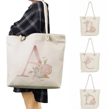 Minimalist Eko Kullanımlık alışveriş çantası Kız Okul Tote Çanta Sanat Kadın Kalın Halat omuzdan askili çanta 26 Mektuplar Çiçek Baskı Çanta