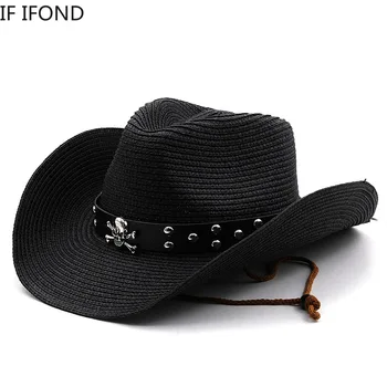 Moda Punk Marka Erkekler batı kovboy şapkası Yaz Hasır plaj şapkaları Panama Cowgirl Caz güneşlikli kep gorros hombre