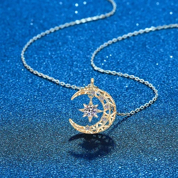 Mozanit Pırlanta Kolye 14K Gül Altın Kaplama 925 Ayar Gümüş Ay Yıldız Kolye Kolye Kadınlar Kızlar İçin Güzel Takı