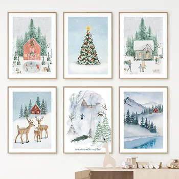 Noel Ağacı Geyik Kardan Adam Kar Dağ Nehir Kış duvar sanatı tuval yağlıboya Posterler Ve Baskılar Duvar Resimleri Çocuk Odası Dekor