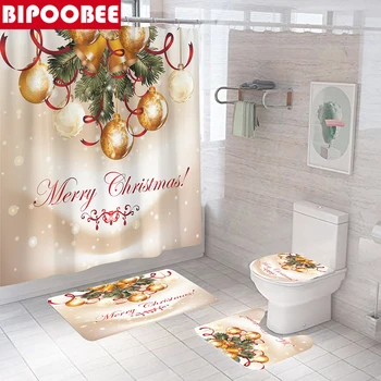 Noel Bells Çorap Baskılı Duş Perde Seti Banyo Paspas Halı Banyo Baththub Ekran Perdeler Banyo Paspasları Kaymaz Kilim