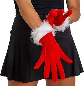 Noel Skeleteen Kırmızı Kürk Kostüm Eldiven - Kırmızı Kadife Eldiven Beyaz Kürklü Manşet Aksesuarları Kostümleri Kadınlar ve Çocuklar için