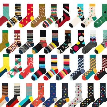 PEONFLY Erkekler Çorap Pamuk Karikatür Renkli Mutlu Çorap Harajuku İngiliz Tarzı Geometrik Yenilik Komik Skarpetki Erkekler