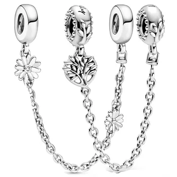 Papatya Çiçek Kalp Aile Ağacı Güvenlik Zinciri Charm 925 Ayar Gümüş Boncuk Fit Bilezik Avrupa DIY Takı