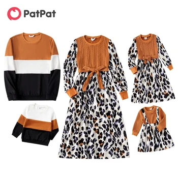 PatPat Aile Eşleştirme Kıyafetler Leopar Baskı Eklenmiş Kablo Örgü Kuşaklı Midi Elbiseler ve Uzun kollu Colorblock Tişörtü Setleri