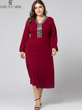 Patchwork Pullu Zarif kadın Elbise için Parti 2022 güz giyimi O-Boyun Uzun Kollu Artı Boyutu Elbise Bayanlar Balo Abiye
