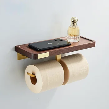 Pirinç rulo kağıt havlu tutucu Duvara Monte Ahşap telefon tutucu Raf Banyo rulo kağıt havlu tutucu Askı duvar rafı Tuvalet Depolama için