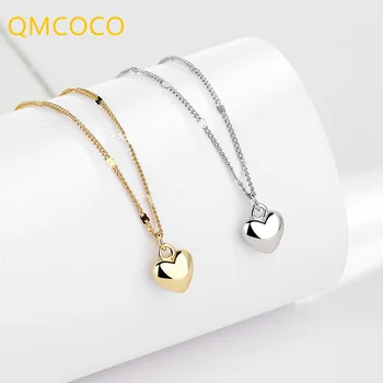 QMCOCO Gümüş Renk Basit Zarif Yüzey Pürüzsüz Aşk Kolye Kadın INS Tarzı Kalp Şekli Moda Klavikula Zinciri