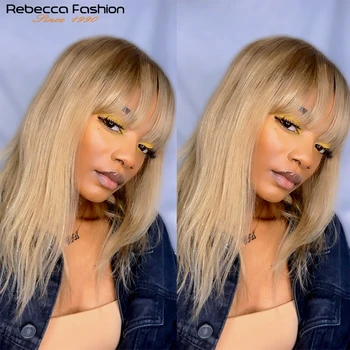 Rebecca Düz Peruk Sarışın kahküllü peruk Brezilyalı Remy Sarışın düz insan saçı Peruk Kadınlar İçin Kısa Saç Ucuz Peruk Cosplay