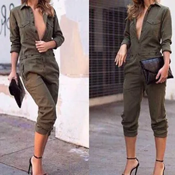 Seksi Kadınlar Yeni Moda İnce Bodycon Tulum Uzun Kollu Ordu Yeşil Katı Casual Bodysuit Bayanlar Vintage Romper Uzun Tulum