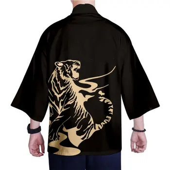 Serin Siyah 3D Kaplan Baskı Gevşek Japon Streetwear Hırka Erkek Kadın Harajuku Hayvan Kimono Cosplay Gömlek Tops Yukata