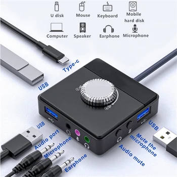 Taşınabilir USB Harici Ses Kartı 3 Port 3.5 mm Jack Ses Ayarlanabilir Ses Kartı Harici Stereo Ses Adaptörü Sürücüsüz