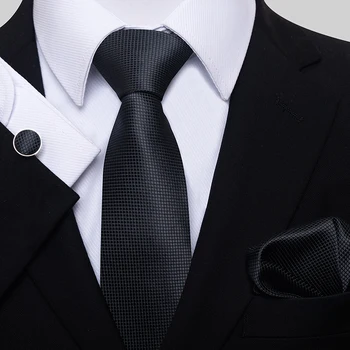 Toptan Mix Renkler İpek Kravat Seti Erkekler İçin Kravat Cep Kareler Kol Düğmesi Katı Siyah Kravat Takım Elbise Aksesuarları Katı Fit Düğün