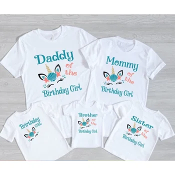 Unicorn Mermaid Doğum Günü Kız T-shirt Güzel Aile Eşleştirme Kıyafet Seti Komik Tema parti giysileri Kişiselleştirilmiş doğum günü hediyesi