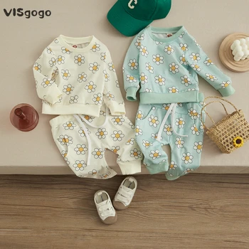 VISgogo Sonbahar Bebek Kız Giysileri Kıyafet Toddlers Çiçek Baskı Uzun Kollu Yuvarlak Yaka Hoodie Tops + Uzun Pantolon 2 Adet