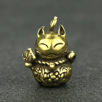 Vintage Bakır Çin Feng Shui Şanslı Kedi Minyatürleri Figürler Küçük Süsler Pirinç Anahtarlık Kolye El Yapımı Ev Dekorasyonu