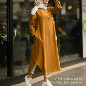 Vintage Ramazan Müslüman kadın Uzun üst giysi Abaya Bölünmüş Midi Elbise Tam Kollu Vestidos Kadın Katı Cepler Elbise Abayas 2021