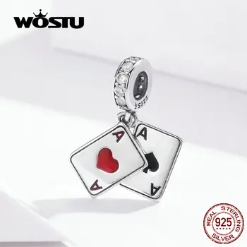 WOSTU Poker Kırmızı Kalp Bir Dangle Charm 925 Ayar Gümüş Göz Kamaştırıcı Zirkon Boncuk Fit Orijinal dıy bilezik Takı Yapımı FIC1172
