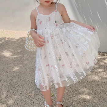 Yaz Kız Askı elbise Prenses Akşam Vestidos Çocuk Giyim Sevimli Bebek Çocuk Giysileri Tatlı Çiçek Dantel Nakış Elbise