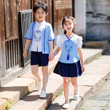 Yaz Yeni Erkek Ve Kız Oryantal Vintage Düğme Hanfu Çin Tarzı Nakış Püskül İki Parçalı Takım Elbise Rol Oynamak Elbise Kostüm