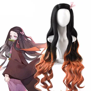 Yeni Anime Kamado Nezuko Peruk iblis avcısı Kimetsu hiçbir Yaiba Nezuko Cosplay Degrade Uzun saç aksesuarları Kostümleri Sentetik Peruk