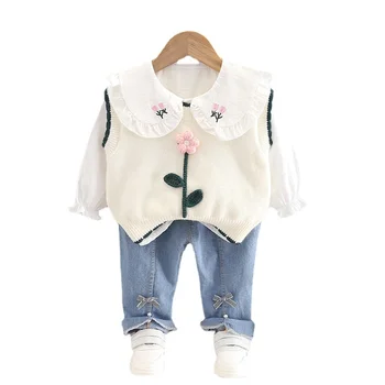 Yeni Bahar Sonbahar Bebek Kız Giysileri Takım Elbise Çocuk Sevimli Moda Yelek Gömlek Pantolon 3 adet / takım Toddler Rahat Kostüm Çocuklar Eşofman
