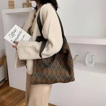 YoReAı kadın Alışveriş alışveriş çantası örgü yumuşak omuz çantaları Bayan çanta Ekose sonbahar depolama kullanımlık ışık Tote paketi