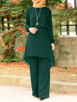 ZANZEA Sonbahar Abayas Kadınlar Için Uzun Kollu Türk Bluz Gevşek Pantolon Takım Elbise Müslüman Setleri Katı Dubai çarşaf islami Giyim