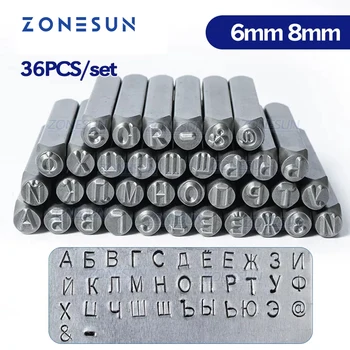 ZONESUN 36 adet Takı Metal Pullar Alfabe Seti Rus A-Z Mektup Yumruk Damgalama Çelik Metal alet çantası Zanaat 6 / 8mm
