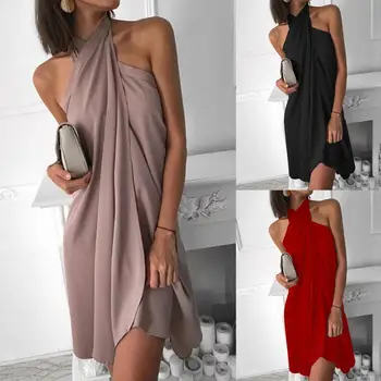 Zarif Bayan Elbise Sonbahar Ofis Kadın Göğüs Wrap Halter Straplez Düzensiz Hem Mini Elbise Plaj kadın Giyim 2021