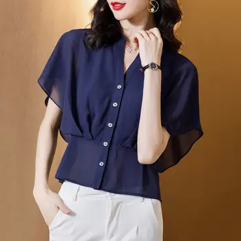 Zarif Moda Batwing Kollu Şifon Gömlek kadın Giysileri 2022 Yaz Ofis Bayan Düz Rahat Banliyö Düğme Bluz Kadın