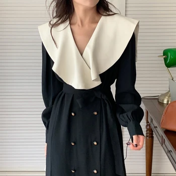 Zarif Yüksek Bel Bahar Kadın Elbise A-Line 2022 Lüks Uzun Kollu Kore Sonbahar Parti Elbiseler Kadın Patchwork Renk İnce