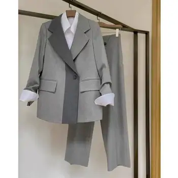 gri Pantolon Takım Elbise Kadın İlkbahar Sonbahar İş ol 2 Parça Pantolon Blazer Seti Ofis Bayan İş Resmi Ceket Takım Elbise Kadın Artı Boyutu