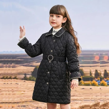 Çocuk Kız Kore A-line Aşağı Pamuk kapitone ceket Çocuklar İçin Moda Yatak Açma Yaka Uzun Ekose Giyim Mont Kış 2022