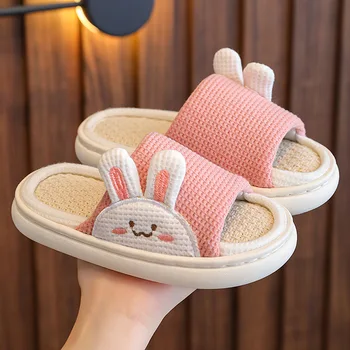 Çocuk Yaz Ev Ayakkabıları Konfor Nefes Keten Taban Terlik Erkek Kız Sevimli Tavşan Ayı çocuk sandaletleri Kapalı Bebek Düz Ayakkabı