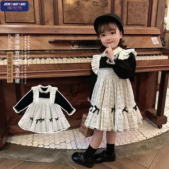 Çocuklar İspanyolca Vintage Giyim Kız Lotia Elbise Bebek Kore Sonbahar Giysileri Çocuk Siyah Uzun Kollu prenses Elbise Dantel