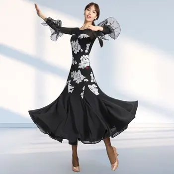 ÇİFT Modern dans eteği Yeni Ulusal Standart Dans Büyük Salıncak Etek Örgü Kollu kadın Sosyal Dans Elbise Vals dans eteği