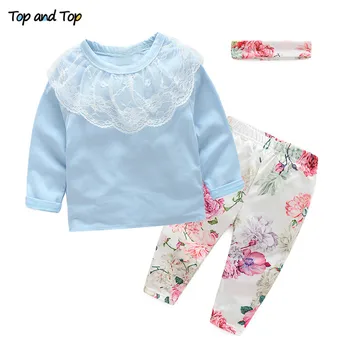Üst ve üst bebek kız giysileri yenidoğan bebek kız giyim sonbahar pamuklu tişört + pantolon + kafa bandı bebek kız giysileri seti