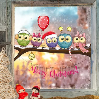 Şube Kuş Duvar Kağıdı Güzel Baykuş Kar Noel Karikatür duvar çıkartmaları Kahve Dükkanı cam çıkartması Çift taraflı Görsel Dekoratif